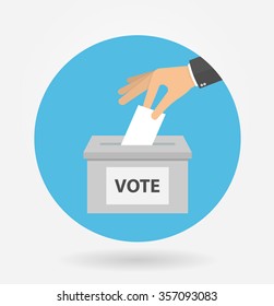 Voting concept in flat style - hand putting voting paper in the ballot box in a circle shaped icon