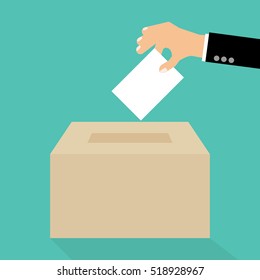 Voting concept in flat style - hand putting paper in the ballot box