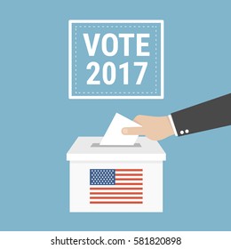 Voting concept in flat style - hand putting paper in the ballot box