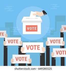 Voting concept in flat style - hand putting paper in the ballot box