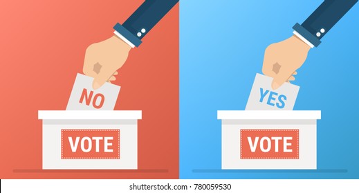 Voting Concept In Flat Style - Hand Putting Paper In The Ballot Box, Vote Yes Or No.