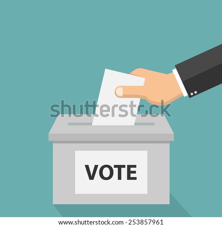 Voting concept in flat style - hand putting paper in the ballot box