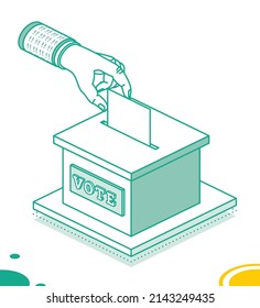 Concepto de votación. Mano coloca el Boletín de Votos en la caja de votación. Ilustración vectorial. Concepto electoral isométrico con urna electoral.