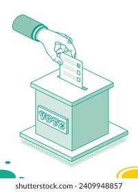 Voting concept. Hand puts vote bulletin into vote box. Vector illustration. Isometric election concept with ballot box isolated on white background.