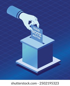 Voting Concept. Hand Puts Vote Bulletin into Vote Box. Vector Illustration. Isometric Election Concept with Ballot Box. The ballot has the message: Your vote matters.