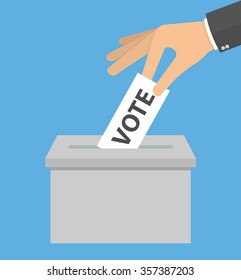 Voting concept. Hand putting or inserting voting paper in the ballot box. Hand holding piece of paper with vote text above a box. Flat style