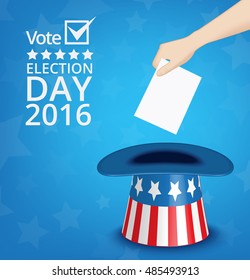 Voting concept hand putting paper drop in the hat  american elections