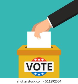 Voting concept. Hand putting paper in american ballot box. Flat vector illustration.