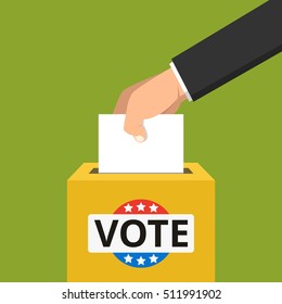 Voting concept. Hand putting paper in american ballot box. Flat vector illustration.