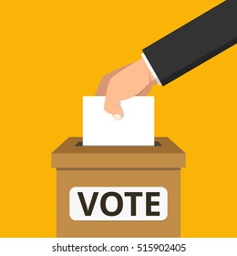 Voting concept. Hand putting paper in the ballot box. Flat vector illustration.