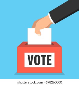 Voting concept. Hand putting paper in the ballot box. Flat vector illustration.