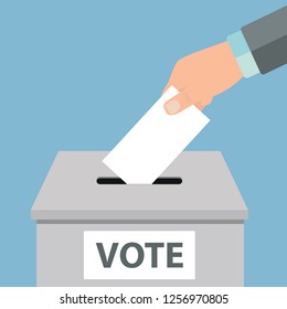 Voting concept. Hand putting white paper into the ballot box Vector illustration