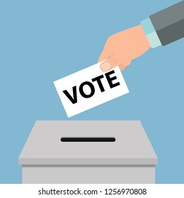 Voting concept. Hand putting white paper into the ballot box Vector illustration