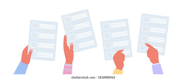 Voting Concept. Hands are holding ballots. Vector illustration in a flat style
