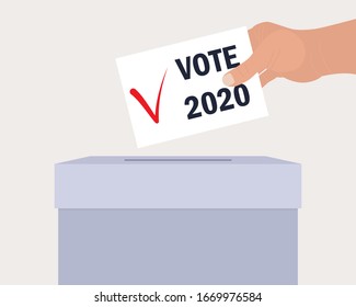 Voting concept. A human hand puts an envelope in a ballot box. On paper checkmark and text Vote 2020. Flat vector illustration. Ballot paper and gray ballot box. Presidential election day. Make choice