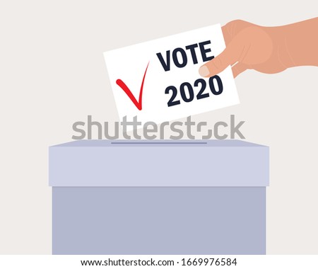 Voting concept. A human hand puts an envelope in a ballot box. On paper checkmark and text Vote 2020. Flat vector illustration. Ballot paper and gray ballot box. Presidential election day. Make choice