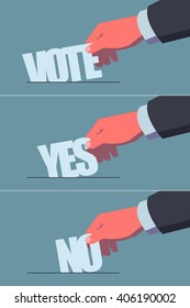 Voting concept illustrations set. Male hand putting stylized ballots in the ballot-box. Vintage style illustration. Layered file, clipping masks used. 