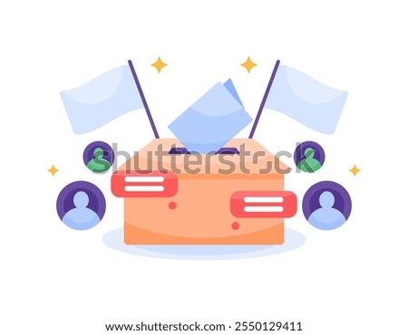 voting concept. inserting ballot paper into the box. election, voting, and democracy. illustration of ballot box with flag and people symbol. symbol or icon. flat style design. element