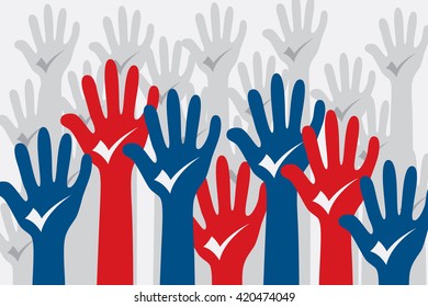 Voting concept with many hands up and selection mark on hands.