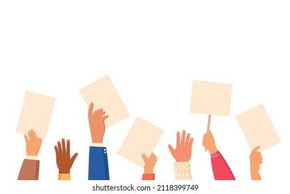 Voting concept. People's hands holding vote ballots. Vector flat illustration of raised up human diverse multiracial hands with sheets of paper. Voting crowd concept politic illustration on a white.