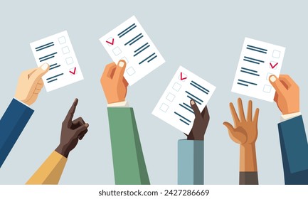 Voting concept. People's hands holding vote ballots in flat style