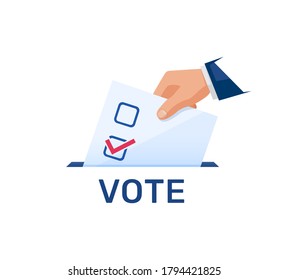 Voting concept, politics and elections illustration. Hand puts voting ballot. Election day