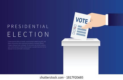 Voting concept. Presidential election. Hand putting paper in the ballot box. Vector illustration in flat style.