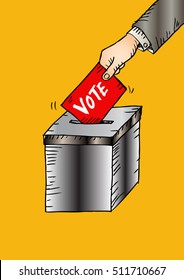 Voting concept in sketchy style - hand putting paper in the ballot box.