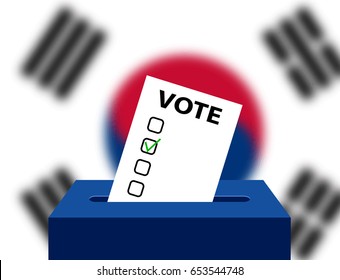 Voting Concept Urns for voting with the national flag of South Korea in the background. Box for votes and checking blank. South Korea Editable voting box and flag. Elections in South Korea ballot box.