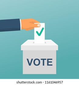 Voting concept. Vector illustration flat design style. Man hold in hand bulletin, puts in ballot box isolated. Casting election vote. Politics poll, choice. Makes choice. Сheck mark on questionnaire.