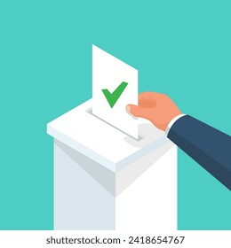 Voting concept. Vector illustration isometric design. Man hold in hand bulletin, puts in ballot box isolated. Casting election vote. Politics poll, choice. Makes choice. Сheck mark on questionnaire.