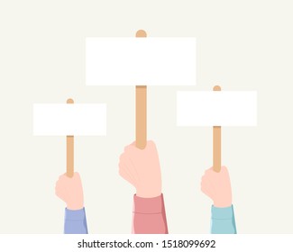 Voting, demonstration, minting concept. Hands holding plate. Large crowd of people demonstrating with blank signs. Trendy flat cartoon style. Vector illustration.