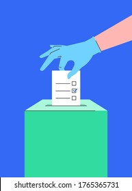 Voting during the coronavirus pandemic. Human hand in protective medical glove puts ballot into a ballot box. Safety election concept. Flat linear illustration. Prevention of corona virus spread