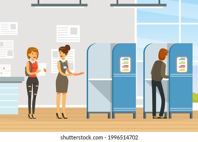 Voting and Election Campaign, Voters Casting Ballots at Polling Paper Ballot in Box at Polling Station Vector Illustration