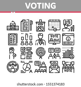 Voting And Election Collection Icons Set Vector Thin Line. Congress Building And Monitor, Calendar And Human Silhouette Democracy Voting Concept Linear Pictograms. Monochrome Contour Illustrations