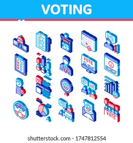 Los Iconos De La Colección De Votaciones Y Elecciones Fijan El Vector. Construcción Y Monitoreo Del Congreso, Calendario Y Democracia De La Silhouette Humana Votando Isométricas