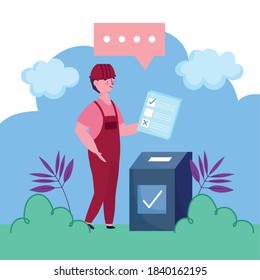 voting and election concept, cartoon man pushing ballot in the box vector illustration