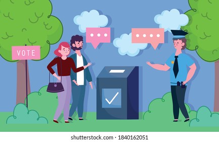 voting and election concept, couple with vote box in the outdoor vector illustration