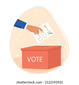 Voting and election concept. Hand putting ballot paper in voting box. Voter making decisions. Hand holds ballot. Politics opinion, voter survey. Democratic election. Vector flat illustration. Vote day