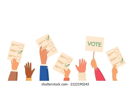 Voting and election concept. People's hands holding vote ballots. Voters making decisions. Voting system for elections and government regulations. Democratic election. Vector flat illustration.