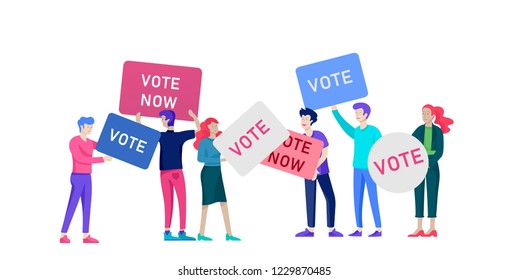 Voting and Election concept. Pre-election campaign. Promotion and advertising of candidate. Citizens debating candidate. Online voting and election concept with people.