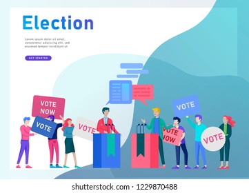 Voting and Election concept. Pre-election campaign. Promotion and advertising of candidate. Citizens debating candidate. Online voting and election concept with people.