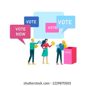 Voting and Election concept. Pre-election campaign. Promotion and advertising of candidate. Citizens debating candidate. Online voting and election concept with people.