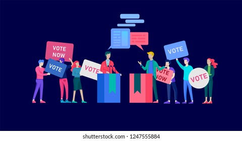 Voting and Election concept. Pre-election campaign. Promotion and advertising of candidate. Citizens debating candidates for voting and voting Online voting and election concept with people.