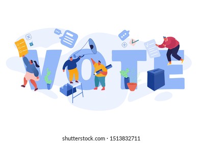 Voting and Election concept template design. Pre-election campaign. Promotion of people candidate characters. Citizens debating, putting paper vote in to the ballot box candidates. Vector illustration