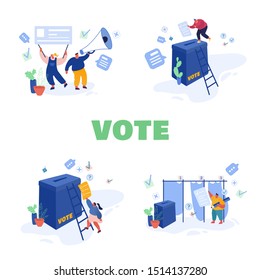Voting and Election concept template design. Pre-election campaign. Promotion of people candidate characters. Citizens putting paper vote in to the ballot box candidates. Vector illustration