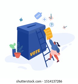 Design des Voting- und Wahlkonzepts. Vorwahlkampf. Förderung von Menschen, die Kandidaten Charaktere. Die Bürger debattieren, indem sie den Kandidaten für die Wahlurne ihre Stimme in Papierform geben. Vektorgrafik
