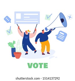 Voting and Election concept template design. Pre-election campaign. Promotion of people candidate characters. Citizens putting paper vote in to the ballot box candidates. Vector illustration