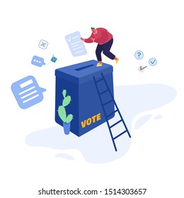 Diseño de plantillas de concepto de votación y elección. Campaña preelectoral. Promoción de los personajes de los candidatos. Los ciudadanos debaten, y ponen el voto en papel a los candidatos de las urnas. Ilustración del vector