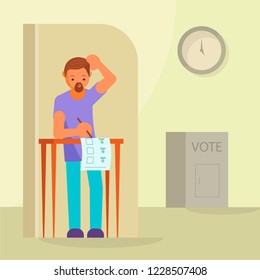 Voting and election concept vector flat illustration. Polling day. Voter male choosing his candidate or political party local representative like mayor etc while marking ballot paper at polling booth.